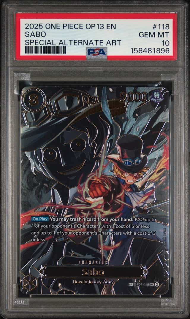 2025 ONE PIECE OP13-CARRYING ON HIS WILL SPECIAL ALTERNATE ART #118 SABO PSA 10