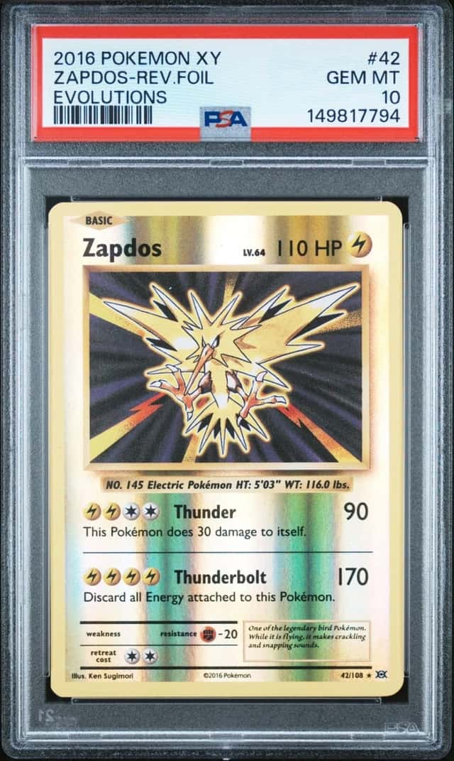2016 POKEMON XY EVOLUTIONS #42 ZAPDOS-REVERSE FOIL PSA 10