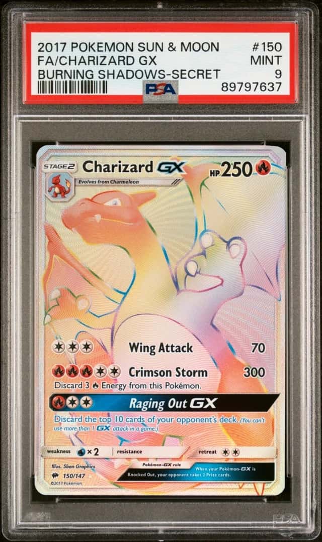 2017 POKEMON FA/CHARIZARD GX BURNING SHADOWS-SECRET SUN & MOON #150 PSA 9