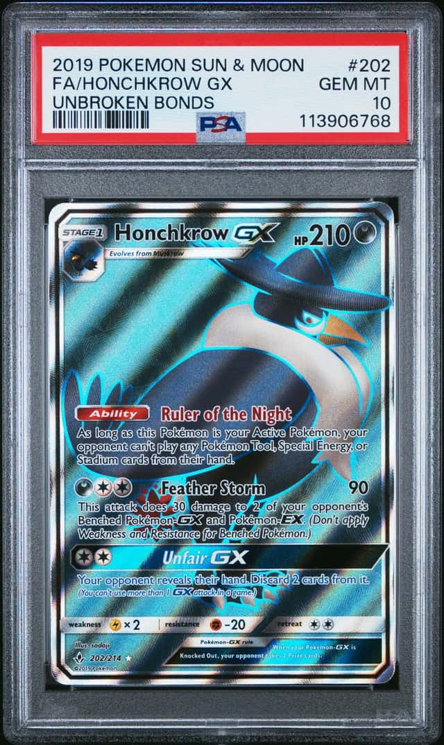 Pokemon Honchkrow Gx Unbroken Bonds Full art 202/214 PSA 10 Gem Mint