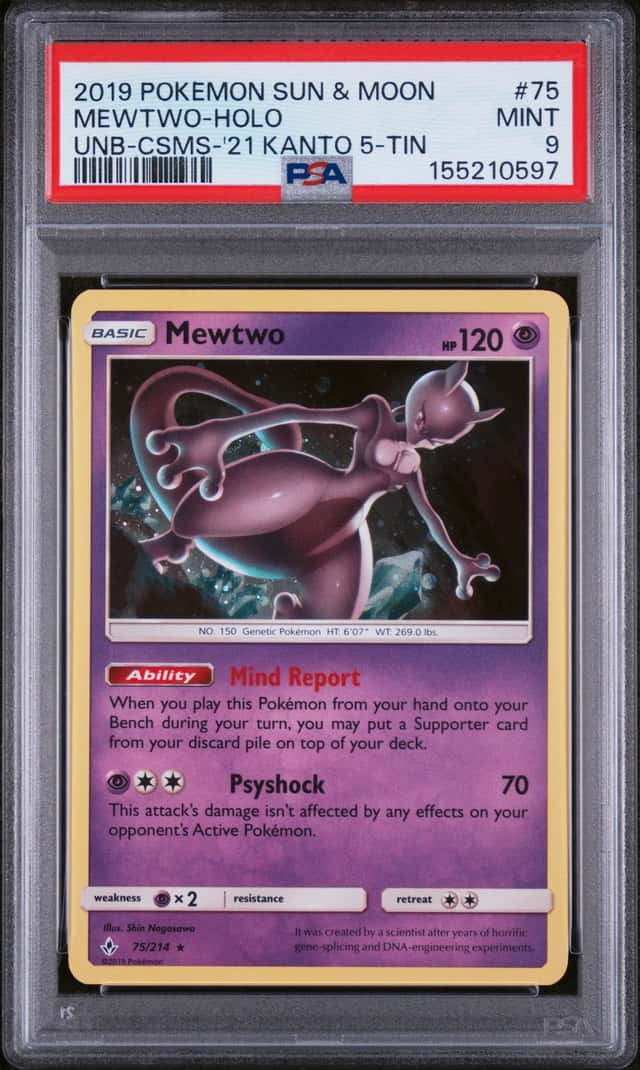 2019 Pokemon Sun and Moon Unbroken Bonds Cosmos 2021 Kanto 5 Tin Exclusive Holo Mewtwo #75