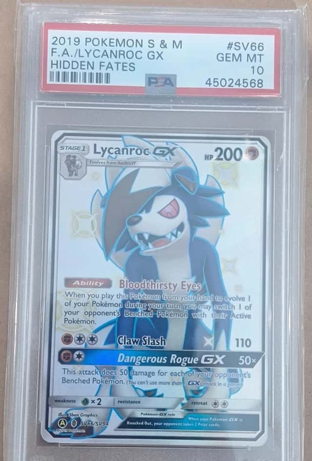 Pokemon TCG 2019 Hidden Fates Lycanroc GX SV66/SV94 Full Art Holo PSA 10
