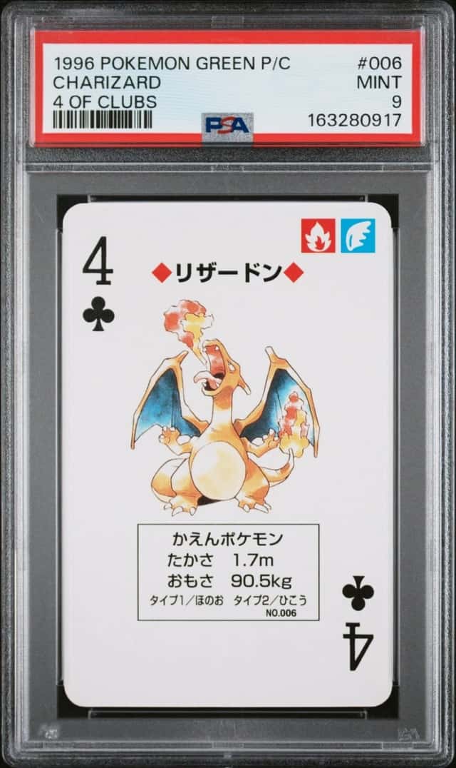 1996 POKEMON GREEN VERSION PLAYING CARDS 4 OF CLUBS #006 CHARIZARD PSA 9