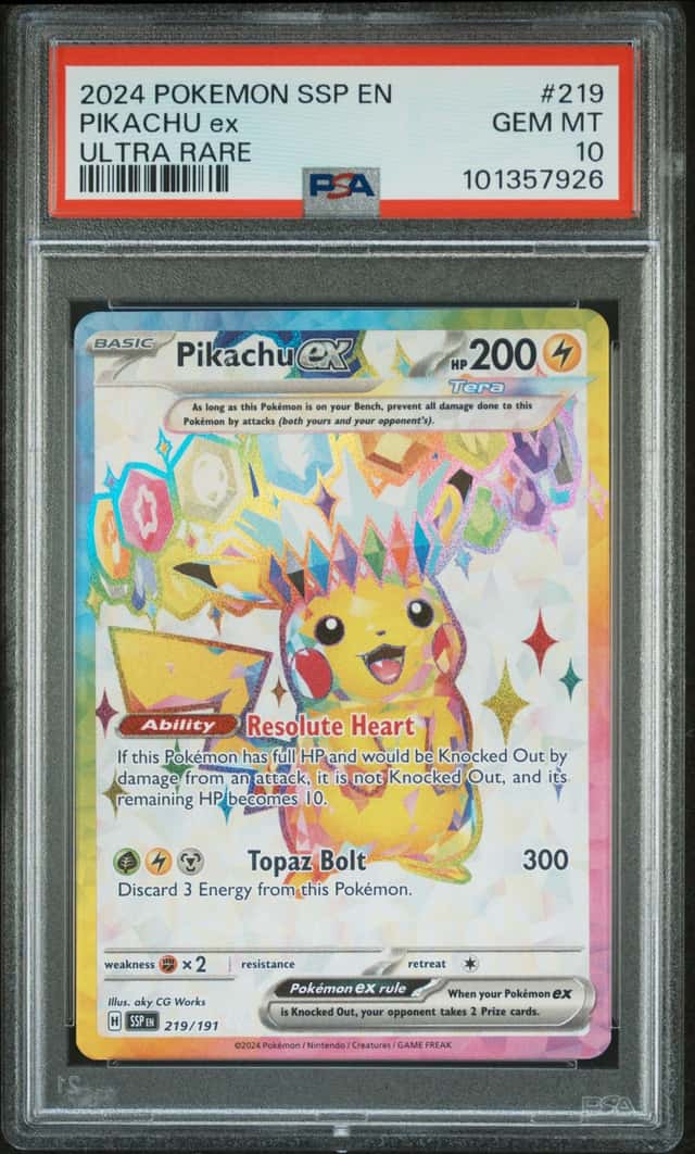 PIKACHU EX PSA 10 2024 POKEMON SURGING SPARKS EN #219/191 ULTRA RARE 7926