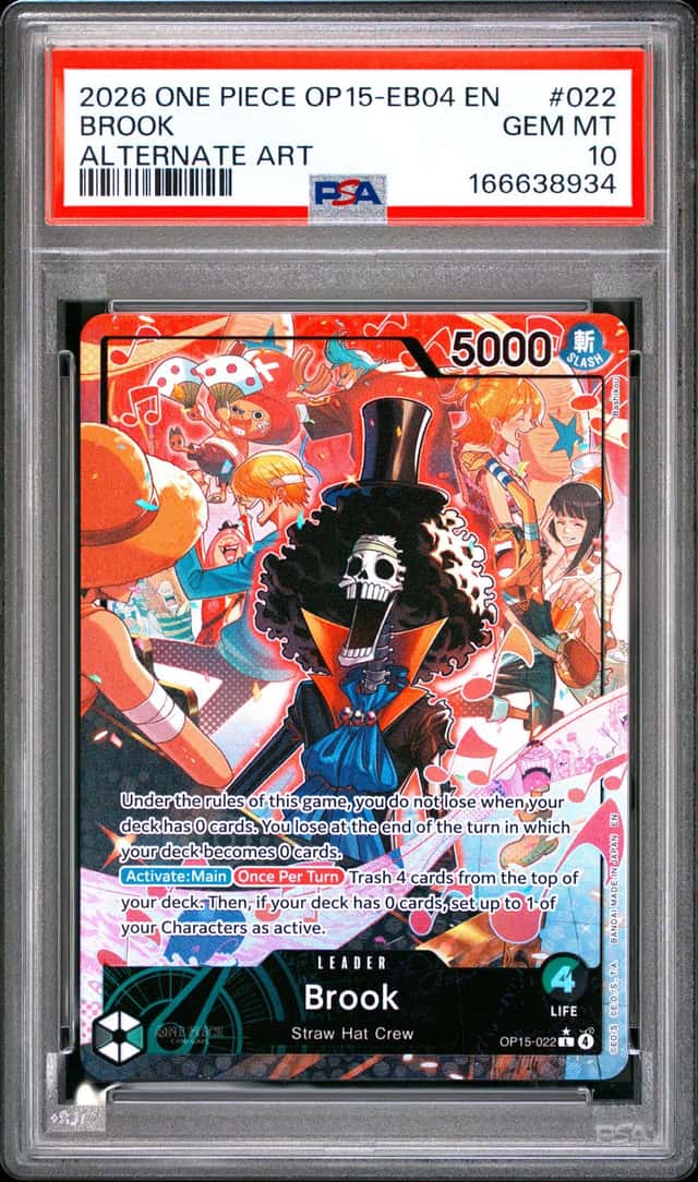 2026 ONE PIECE OP15-EB04-ADVENTURE ON KAMI'S ISLAND ALTERNATE ART BROOK PSA 10