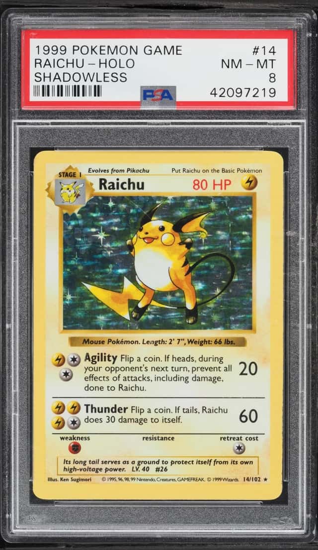 1999 Pokemon Base Set Shadowless Holo Raichu #14 PSA 8 NM-MT