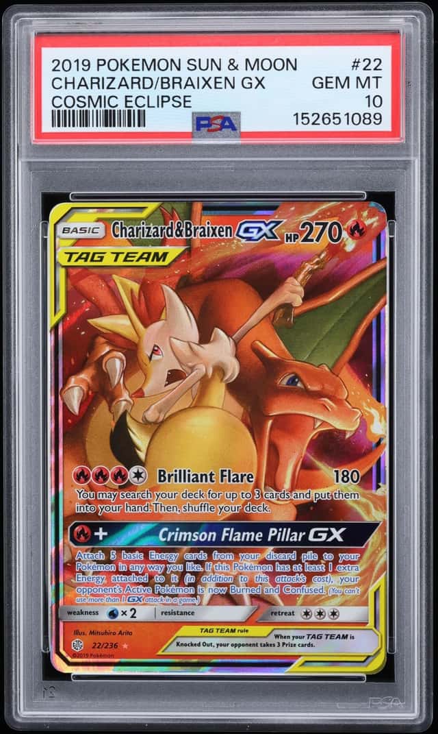2019 Pokemon Sun & Moon Cosmic Eclipse Holo Charizard & Braixen GX #22 PSA 10 GEM MINT