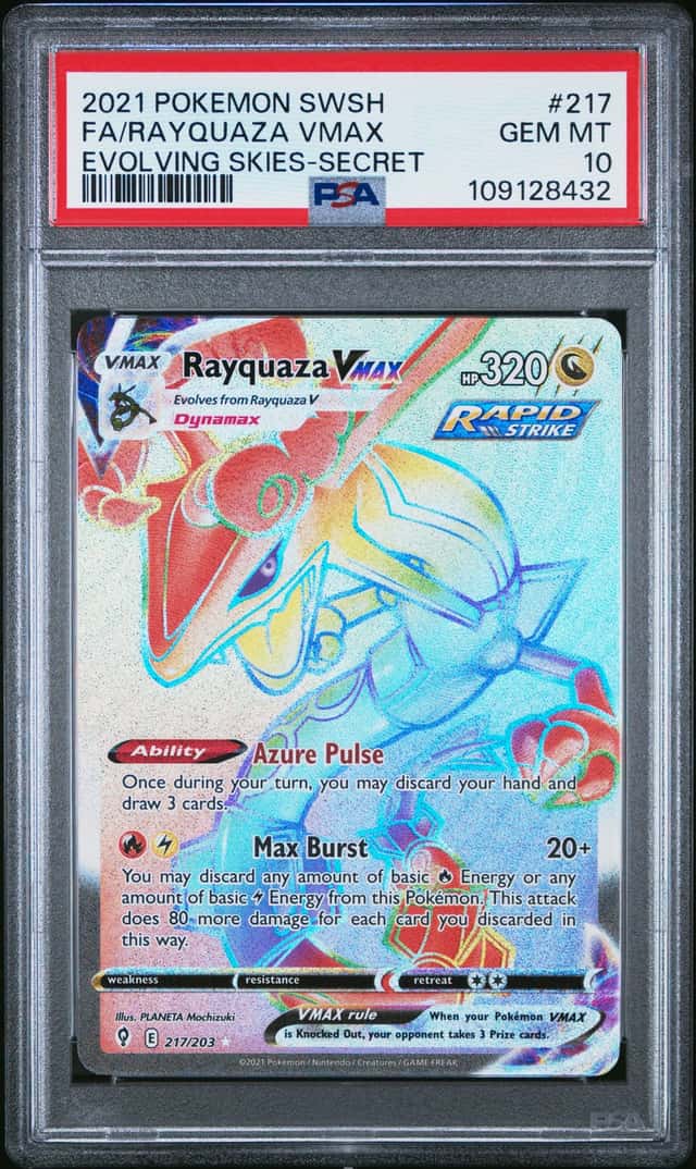 Pokemon 2021 SWSH07 Evolving Skies Rayquaza VMAX 217/203 Secret Holo PSA 10