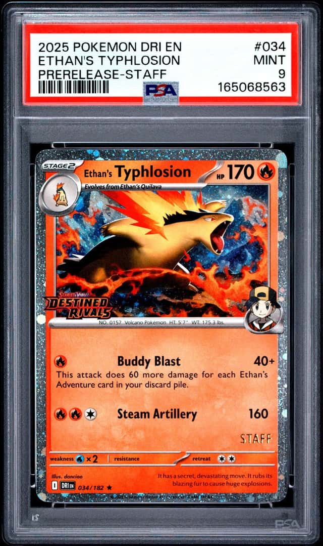 2025 POKEMON DRI EN-DESTINED RIVALS PRERELEASE-STAFF ETHAN'S TYPHLOSION PSA 9