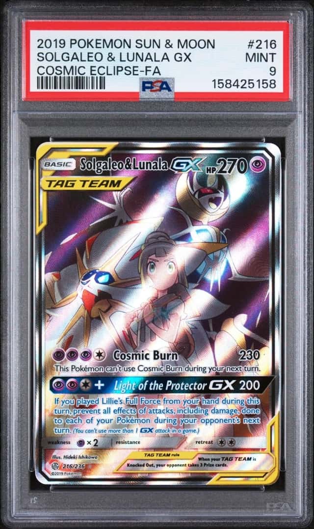 2019 POKEMON SUN & MOON COSMIC ECLIPSE #216 FULL ART/SOLGALEO & LUNALA GX PSA 9