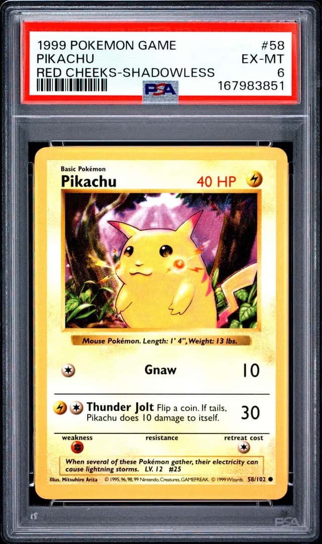 1999 POKEMON BASE SET RED CHEEKS-SHADOWLESS #58 PIKACHU PSA 6