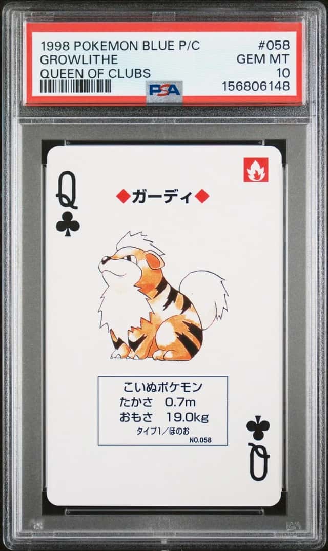Pokemon Growlithe Blue Version Playing Cards 058 Queen Of Clubs PSA 10 Gem Mint