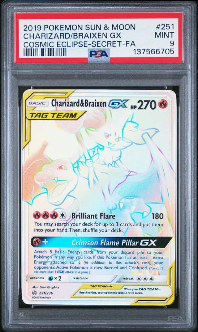 2019 Pokemon S&M CHIZARD BRAIXEN GX Cosmic Eclipse Rainbow Secret PSA 9 #251