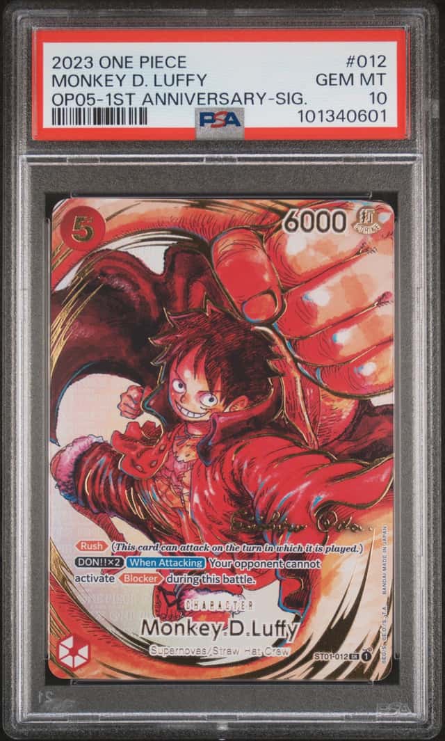 2023 One Piece OP05 EN 1st Anniversary Signature #012 Monkey D Luffy PSA 10 GEM