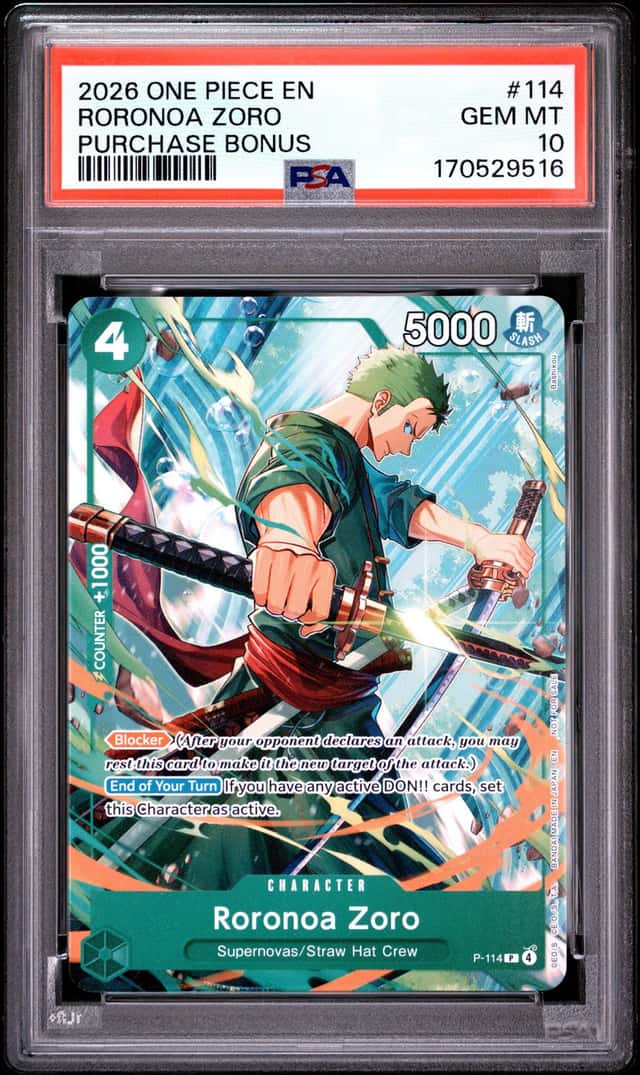 2026 ONE PIECE PROMOS PURCHASE BONUS #114 RORONOA ZORO PSA 10