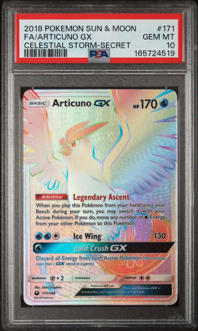 2018 Pokemon Celestial Storm Articuno GX Hyper Secret Rare Card 171/168 PSA 10