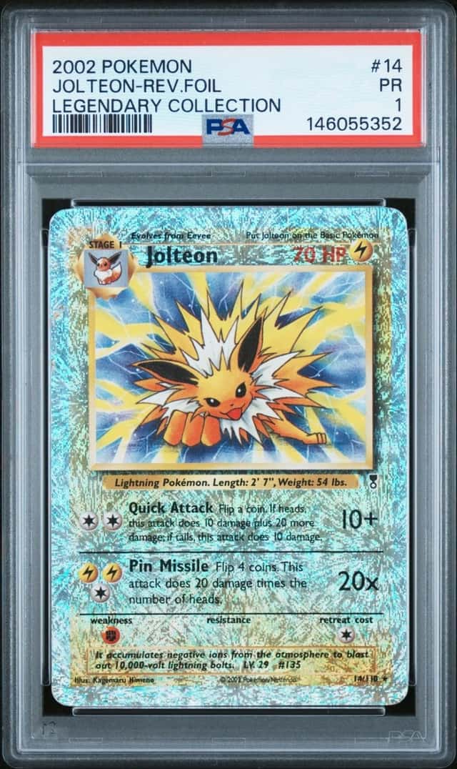2002 POKEMON LEGENDARY COLLECTION #14 JOLTEON-REVERSE FOIL PSA 1