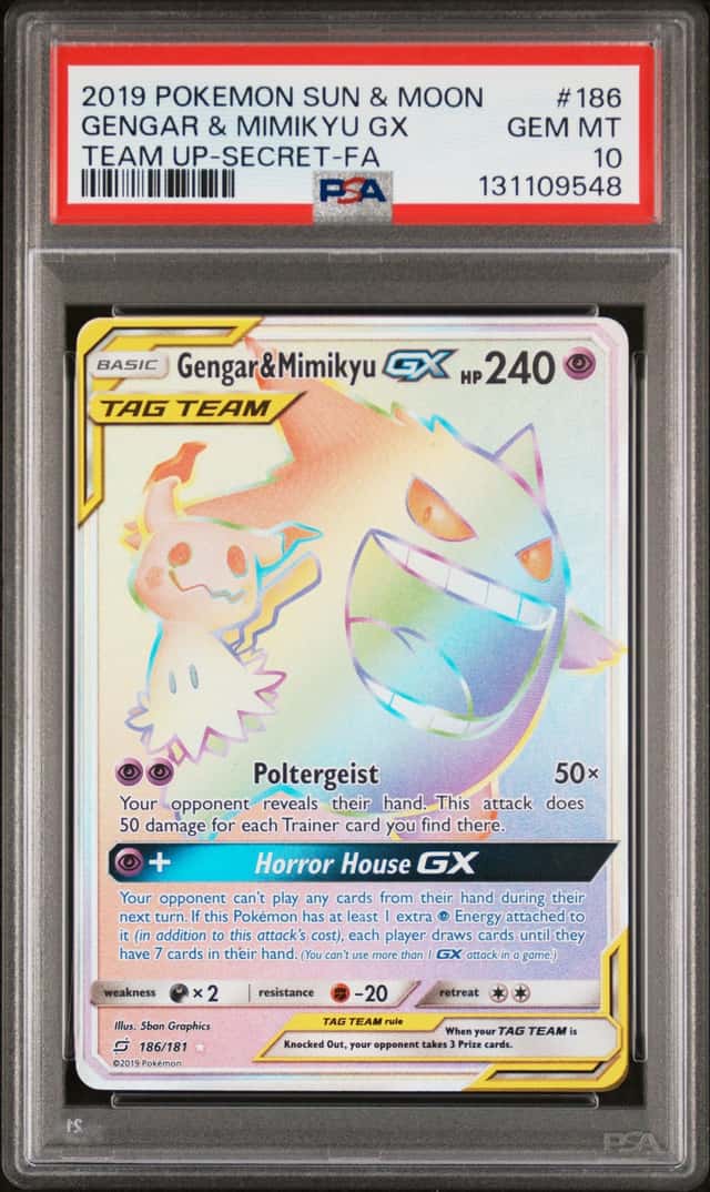 GENGAR & MIMIKYU GX 2019 POKEMON TEAM UP 186/181 SECRET RARE PSA 10 Q3963-5