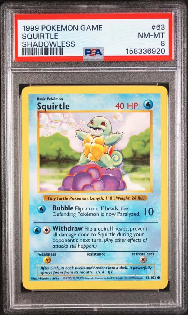 1999 POKEMON BASE SET SHADOWLESS #63 SQUIRTLE PSA 8