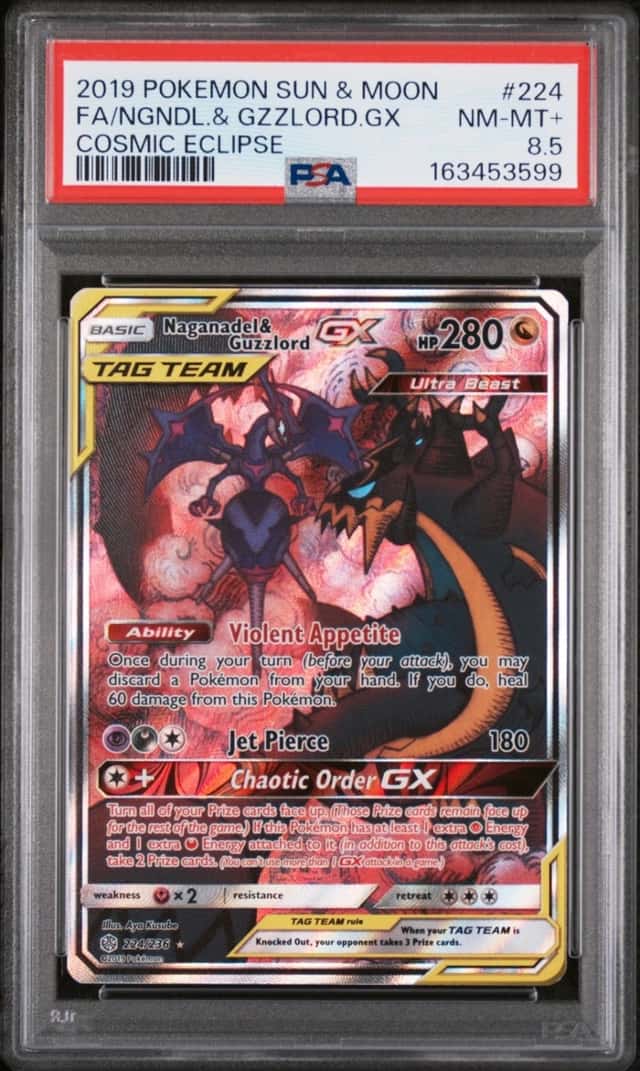 2019 POKEMON SUN & MOON COSMIC ECLIPSE FULL ART/NAGANADEL & GUZZLORD GX PSA 8.5