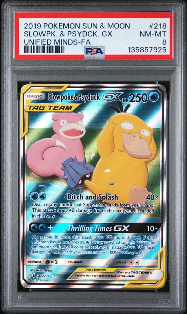 PSA 8 Slowpoke & Psyduck GX Unified Minds Alt Art Pokemon 218