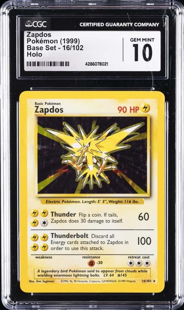 1999 POKEMON BASE SET HOLO #16/102 ZAPDOS CGC 10 GEM MINT