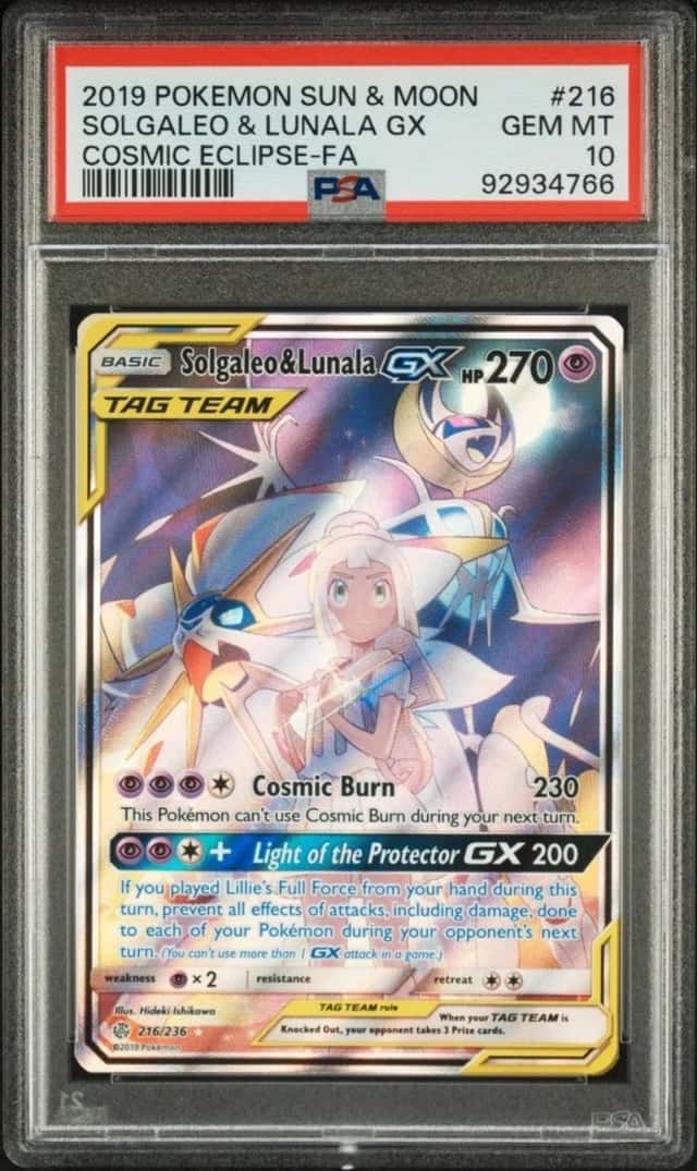🚨READ DESC🚨 PSA 10 Solgaleo & Lunala GX 216/236 Cosmic Eclipse Pokemon Gem Min