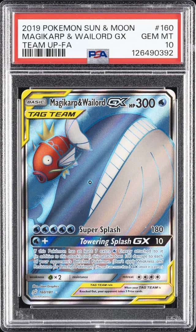 2019 POKEMON SUN & MOON TEAM UP #160 FULL ART/MAGIKARP & WAILORD GX PSA 10