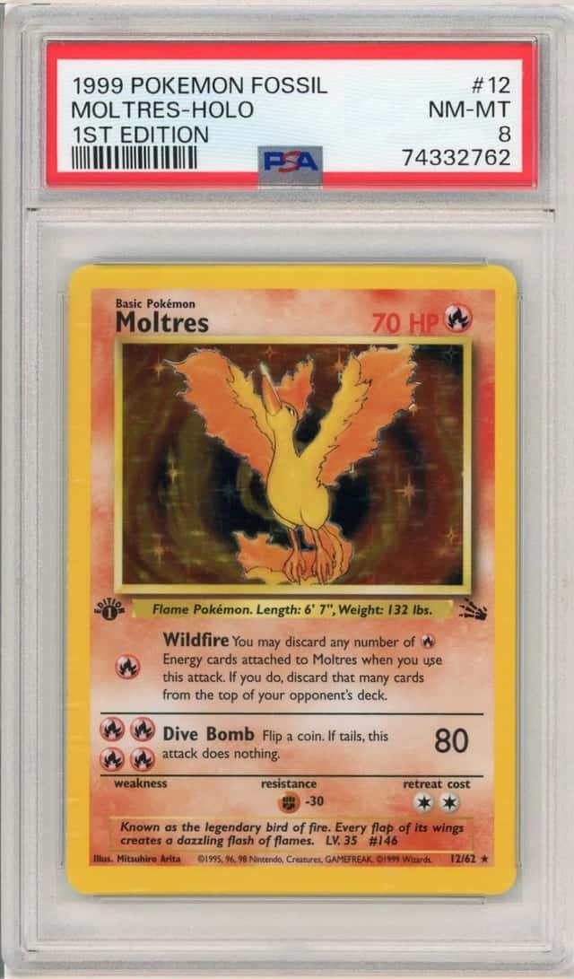 1ST EDITION MOLTRES HOLO 12/62 - POKEMON 1999 FOSSIL  - VINTAGE - PSA 8
