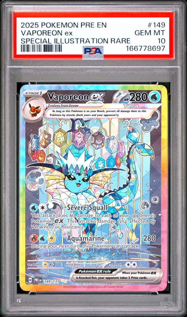 2025 POKEMON PRISMATIC EVOLUTIONS SPECIAL ILLUSTRATION RARE VAPOREON EX PSA 10