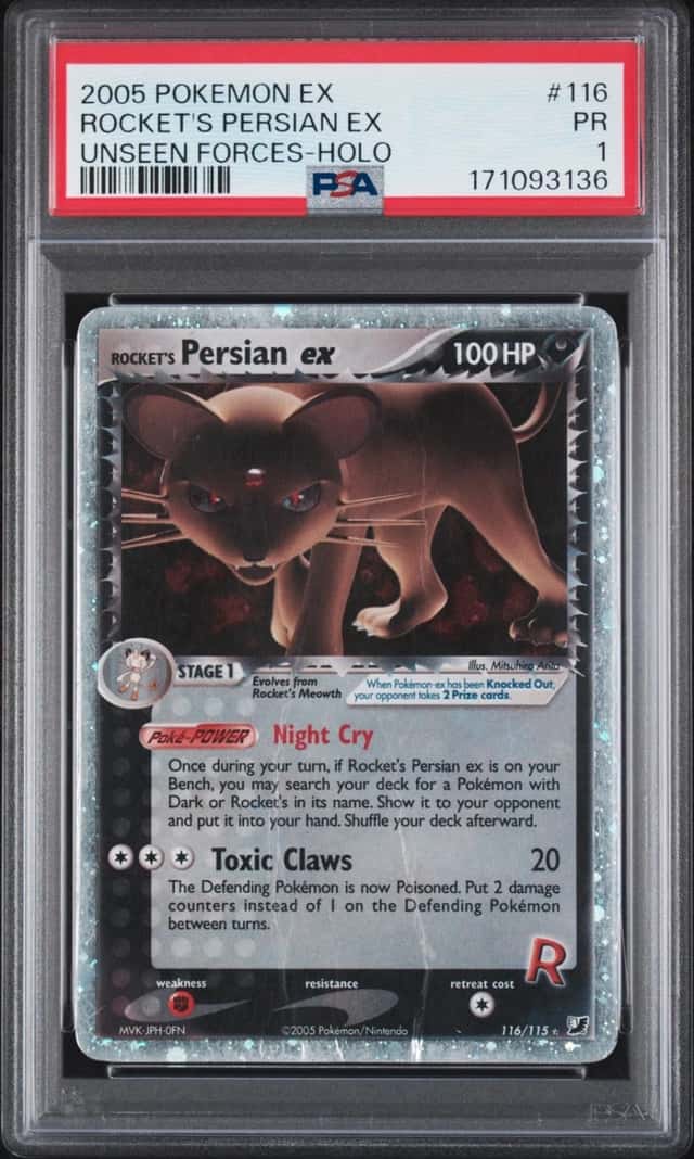 2005 POKEMON EX UNSEEN FORCES #116 ROCKET'S PERSIAN EX-HOLO PSA 1