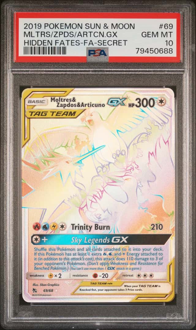 PSA 10 Pokémon TCG Moltres & Zapdos & Articuno GX Hidden Fates 69/68- Inc Bumper