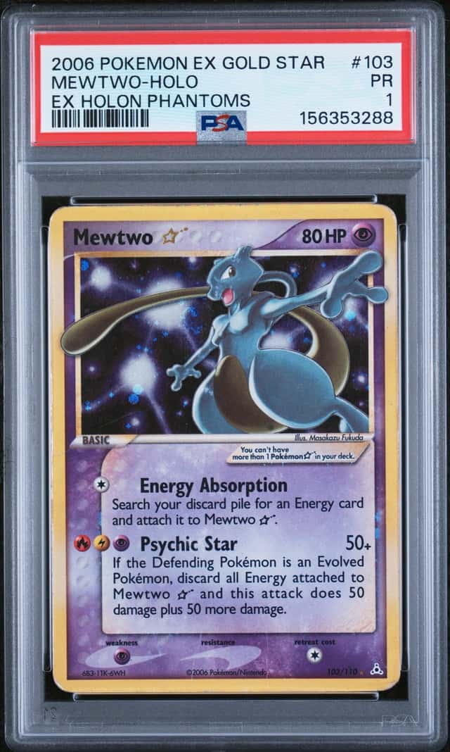 2006 Pokemon Gold Star Mewtwo Holo EX Holon Phantoms PSA 1