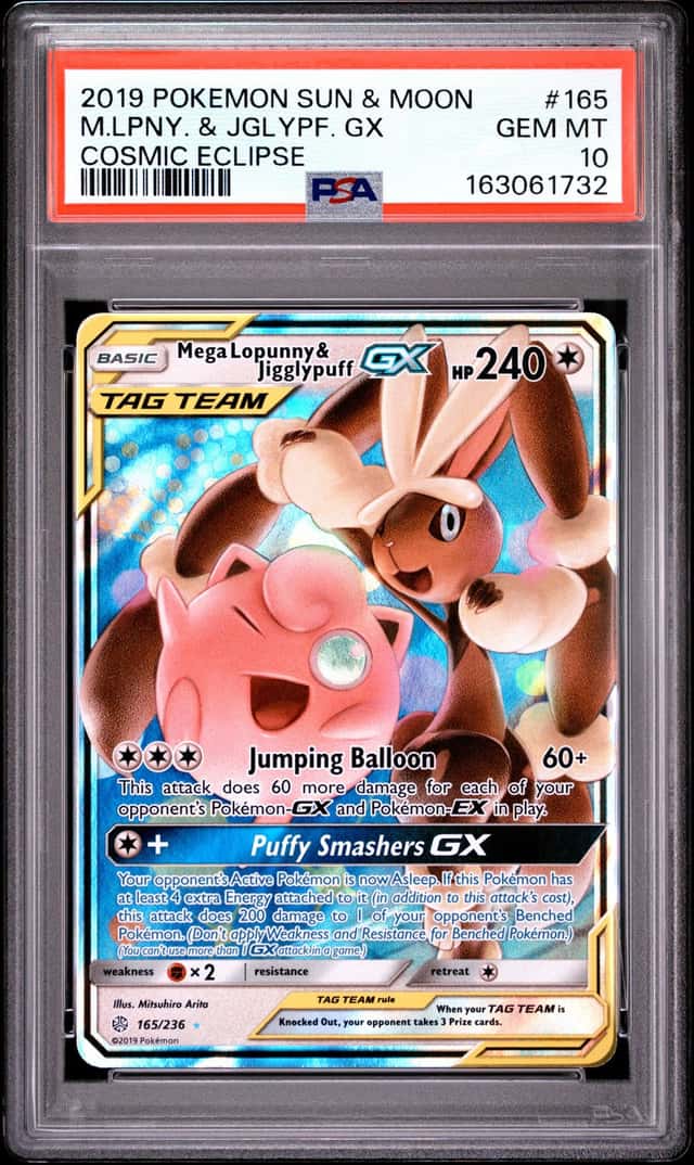 2019 POKEMON SUN & MOON COSMIC ECLIPSE #165 MEGA LOPUNNY & JIGGLYPUFF GX PSA 10