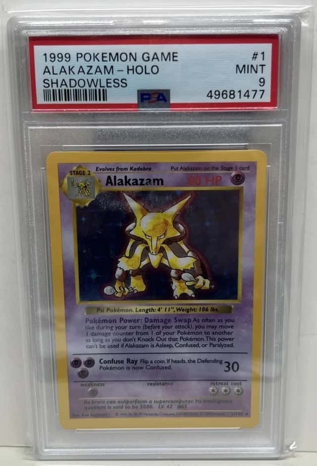 1999 POKEMON BASE SET RARE SHADOWLESS  ALAKAZAM - HOLO GRADED PSA 9  #1/102
