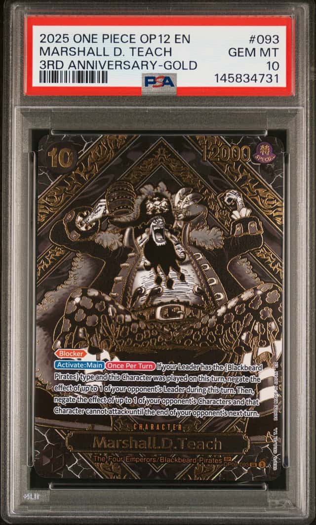 2025 One Piece OP12 EN 3rd Anniversary Gold #093 Marshall D Teach PSA 10