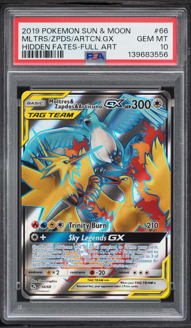 2019 Pokemon Sun & Moon Hidden Fates Full Art Moltres Zapdos Articuno GX #66 PSA 10 GEM MINT