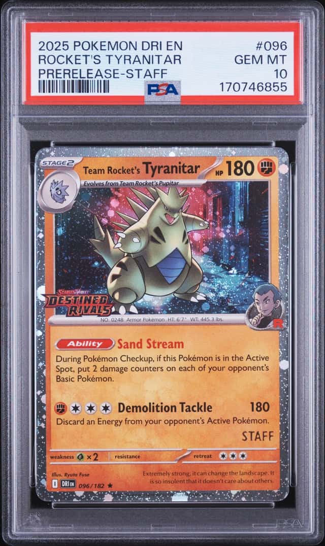 Pokemon Sv10 Destined Rivals Team Rocket's Tyranitar 096/182 Staff PSA 10