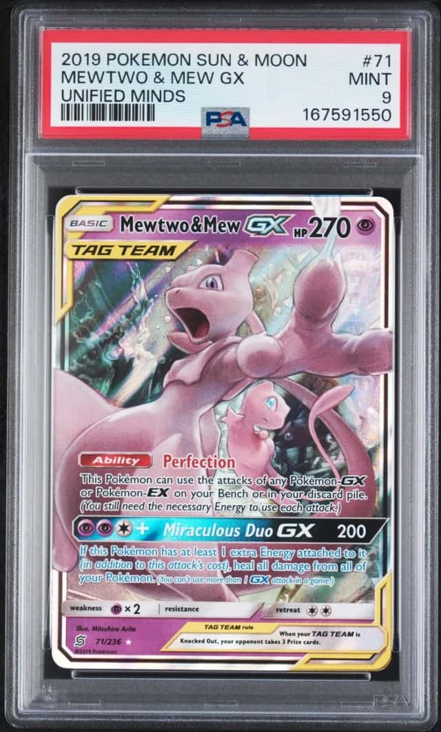 2019 POKEMON SUN & MOON UNIFIED MINDS #71 MEWTWO & MEW GX PSA 9