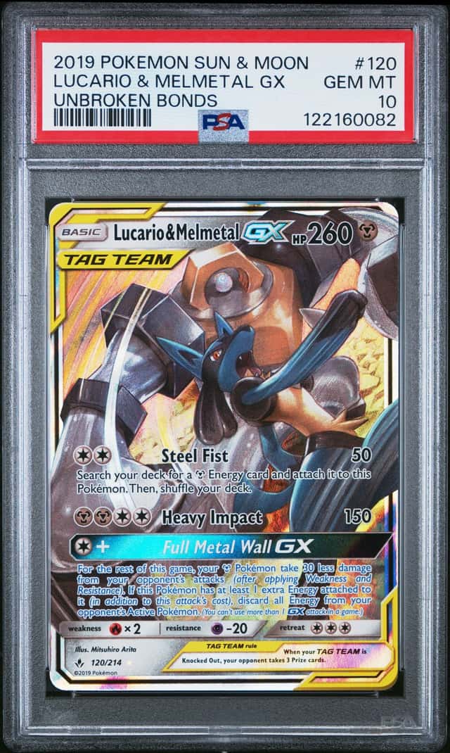 2019 Pokemon Sun & Moon Unbroken Bonds Lucario Melmetal Tag Team #120/214 PSA 10