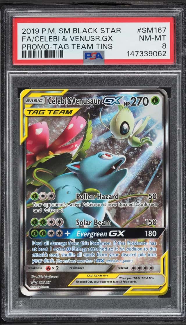 2019 Pokemon Sun & Moon Promo Tag Team Tin Full Art Celebi & Venusaur GX #SM167 PSA 8 NM-MT