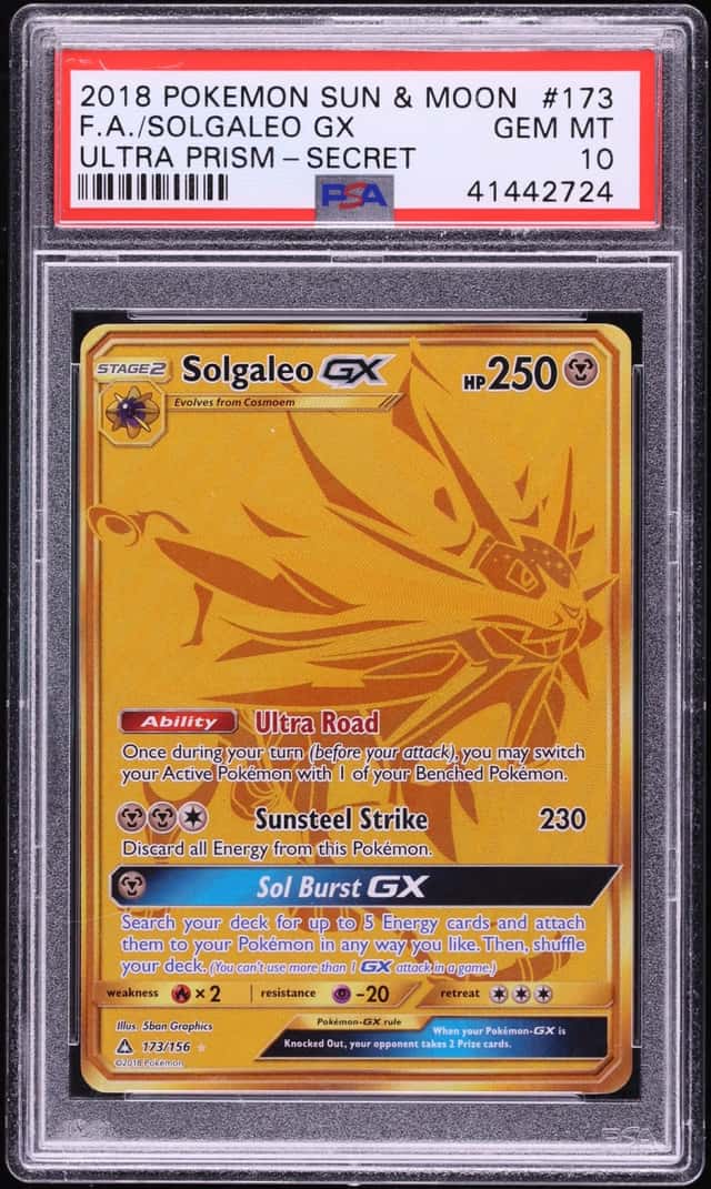 2018 Pokemon Sun & Moon Ultra Prism Gold Rare Solgaleo GX #173 PSA 10 GEM MINT