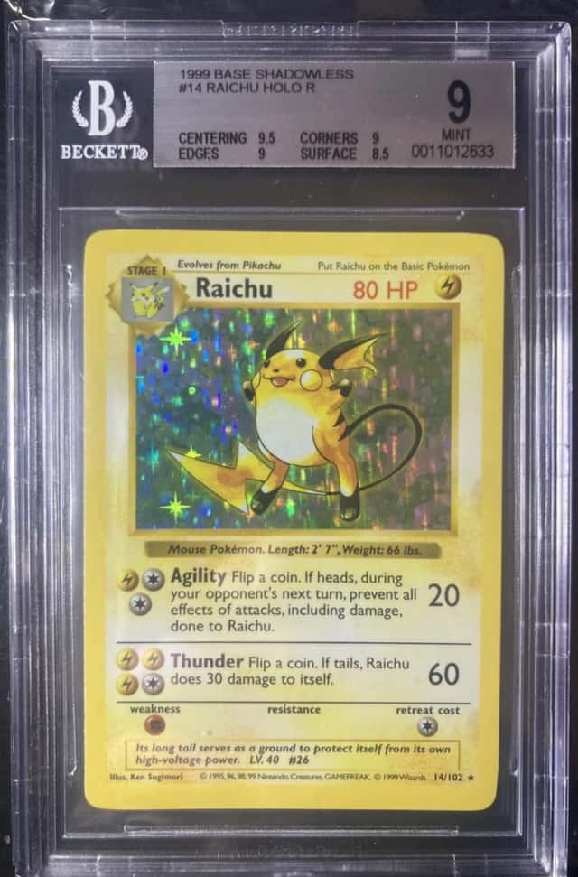 Pokemon 1999 Raichu Shadowless Base Set Holo BGS 9