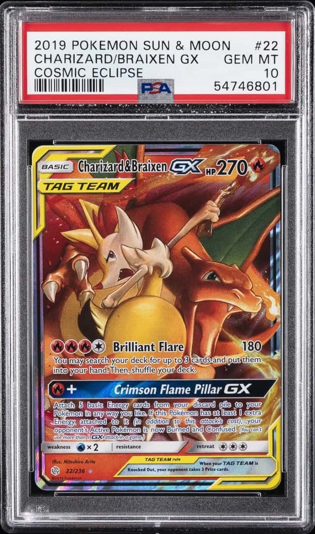 2019 POKEMON SUN & MOON COSMIC ECLIPSE #22 CHARIZARD & BRAIXEN GX PSA 10