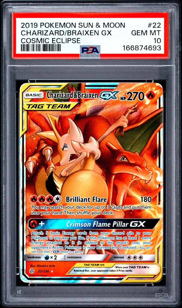 2019 Pokemon Sun & Moon Cosmic Eclipse Charizard Braixen Tag Team #22/236 PSA 10