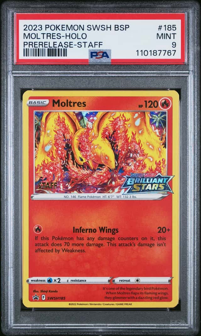 2023 Pokemon Sword and Shield Black Star Promo Brilliant Stars Prerelease Staff Holo Moltres #SWSH185