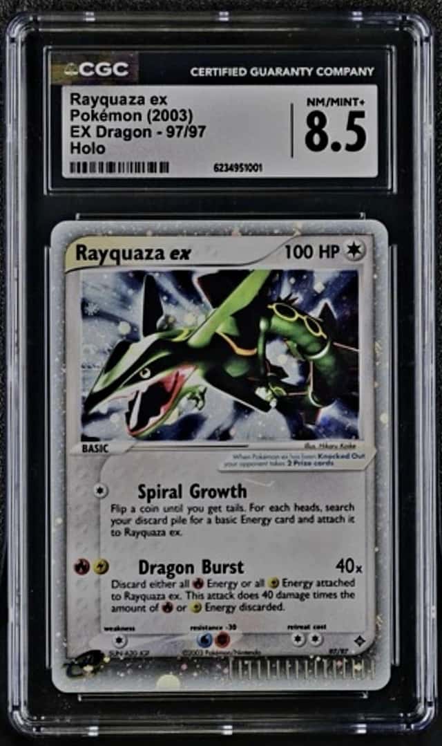 2003 Pokémon EX Dragon Rayquaza ex 97/97 Holo CGC 8.5 – FAT HEAD SWIRL 🔥