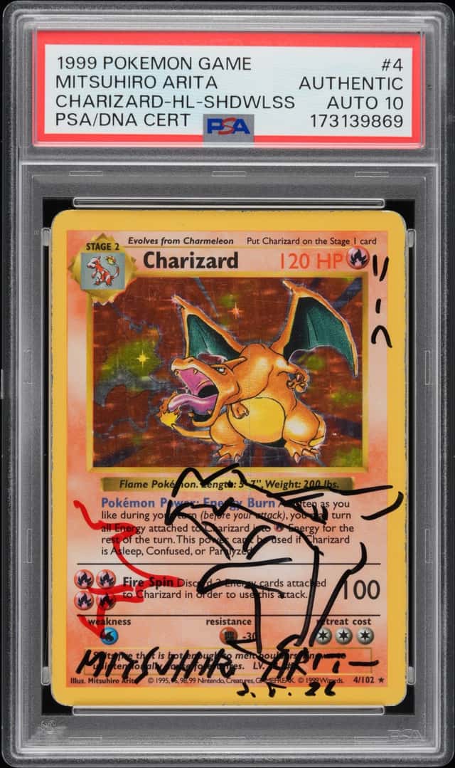 Mitsuhiro Arita Signed 1999 Pokemon Shadowless Charizard Holo PSA/DNA AUTO 10