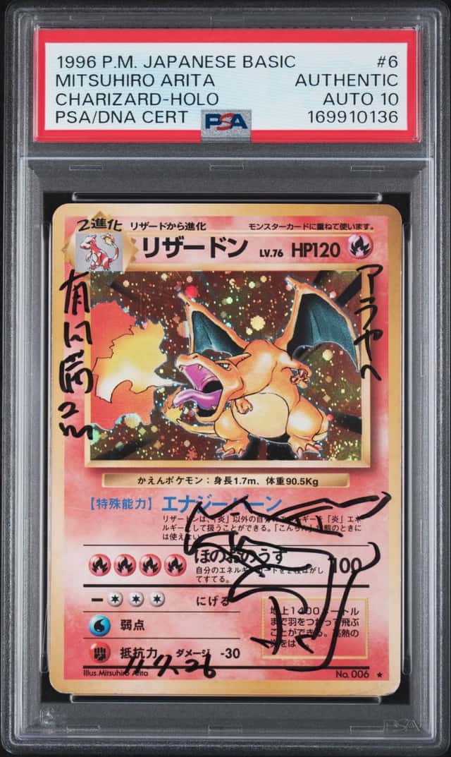 Mitsuhiro Arita Signed 1996 Pokemon JPN Base #6 Charizard Holo PSA/DNA AUTO 10