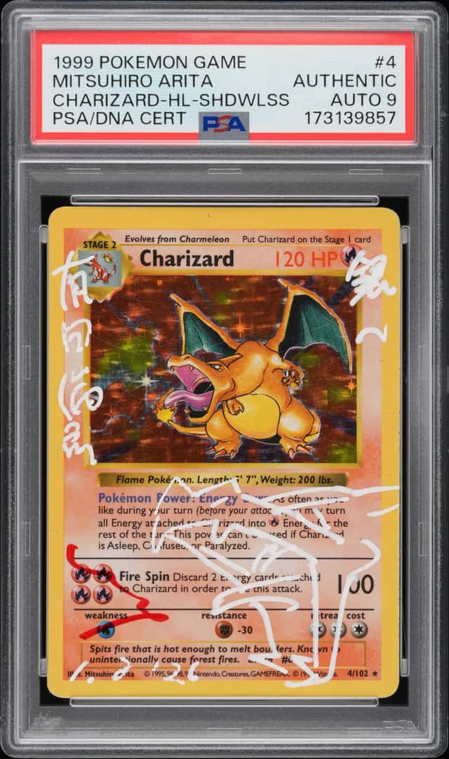 Mitsuhiro Arita Signed 1999 Pokemon Shadowless Charizard Holo PSA/DNA AUTO 9